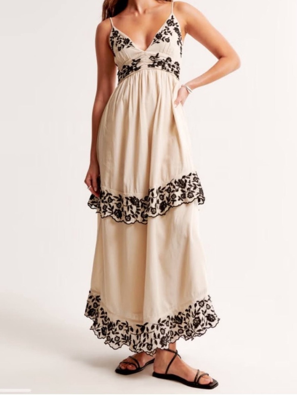 Abercrombie & Fitch Embroidered Cotton Maxi Dress White Black Halter Boho XL P - Picture 2 of 14